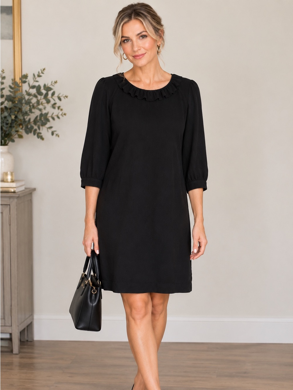 Stella McCartney Black Silk Ruffle-Neck Shift Dress size 6